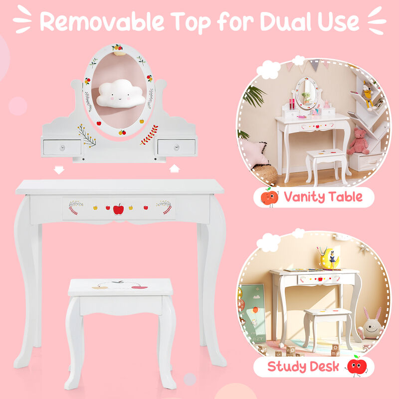 Kids Vanity and Stool Set with 360� Rotatable Mirror and Whiteboard-White