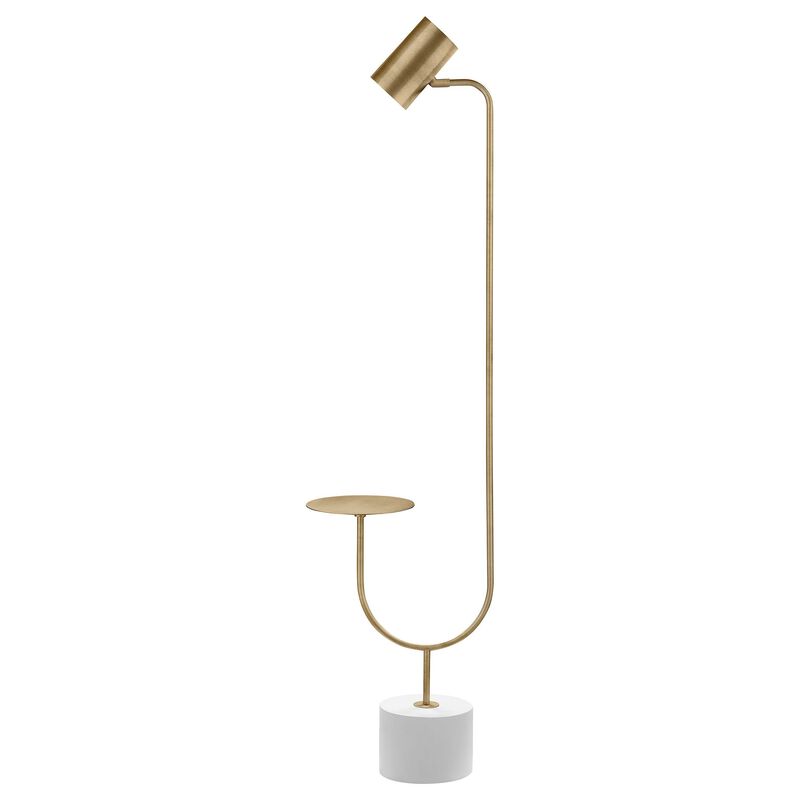 Ely Floor Lamp, White Round Base, Round Tabletop, Gold Metal Finish, Gray - Benzara