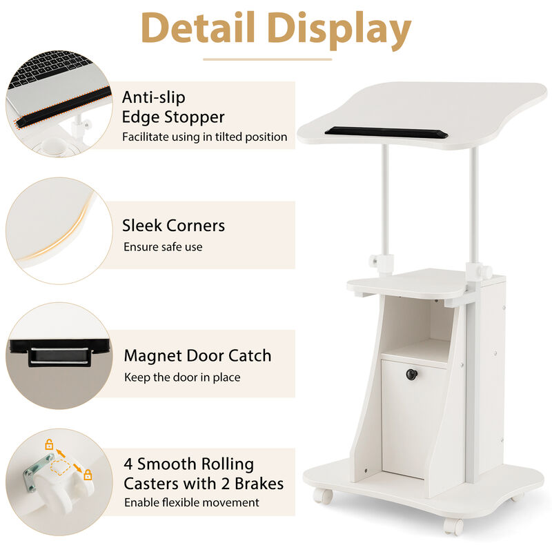 Adjustable Mobile Standing Desk Cart with Tilt Desktop and Cabinet