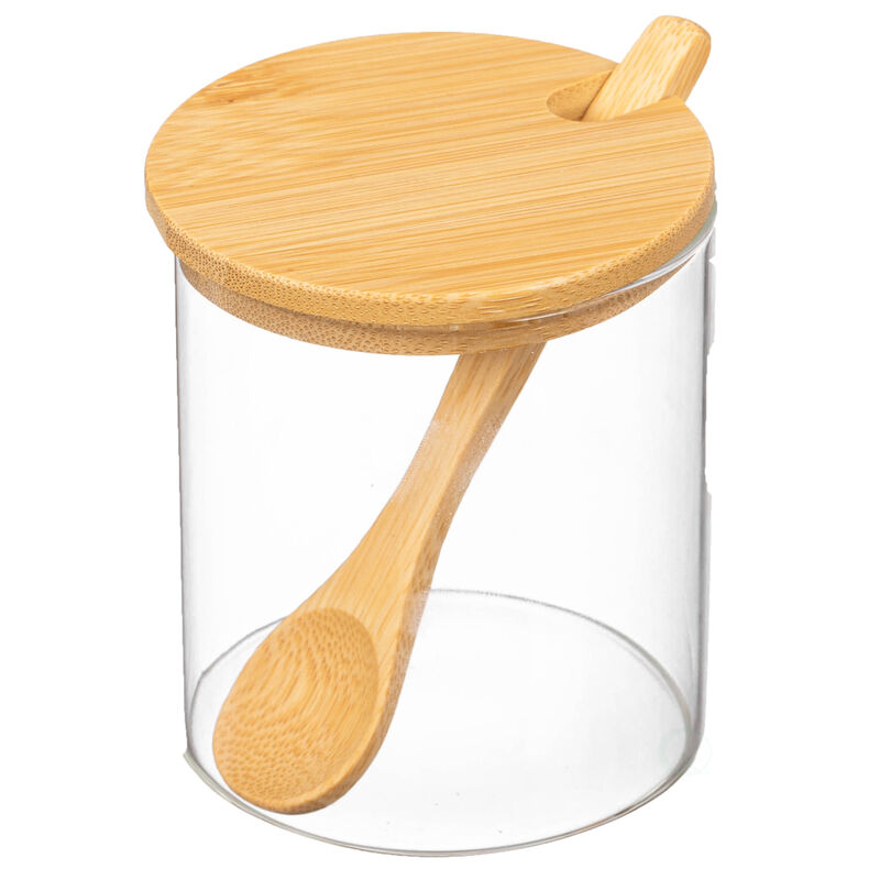 Basicwise 3-Piece Glass Containers with Bamboo Lids and Tray Holder – Decorative Storage for Condiment Pots and Spice Jars - Coffee Station Accessories, Perfect Organizer for Home Kitchen or Café