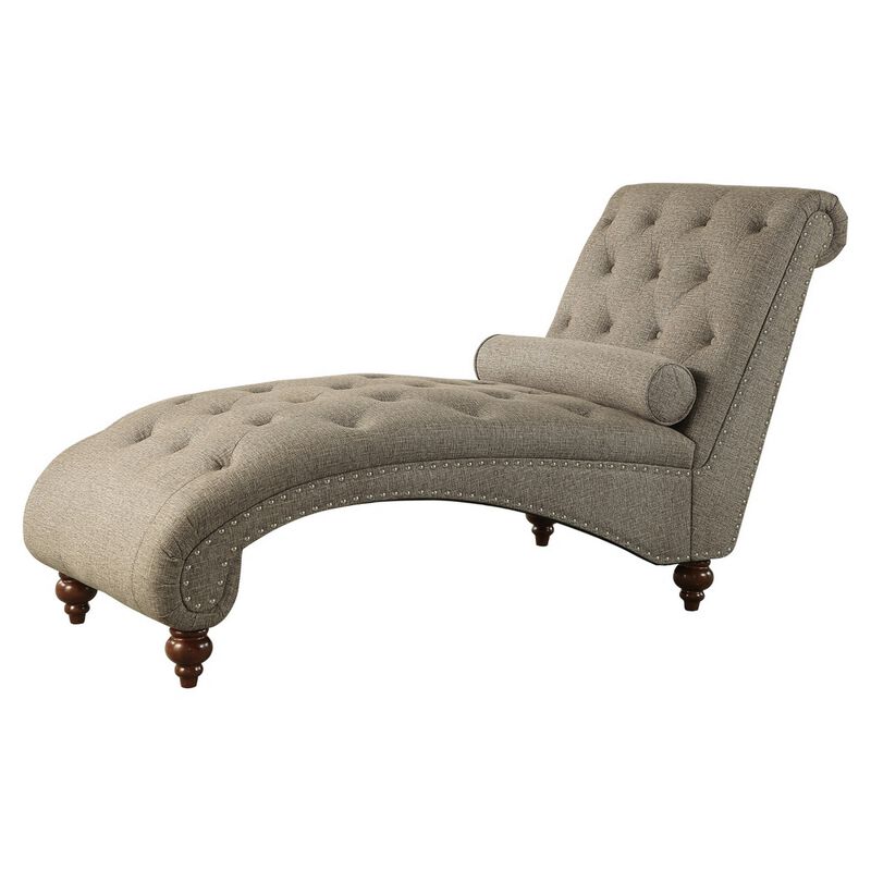 Amey 69 Inch Chaise Lounger, Solid Wood, Rolled Button Tufted Gray Fabric - Benzara