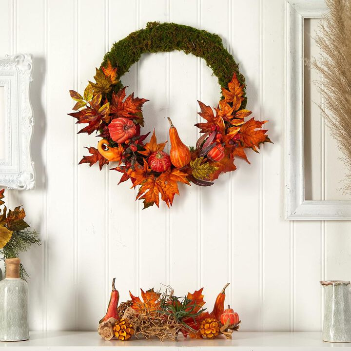 Hivvago 20" Autumn Pumpkin, Gourd and Fall Maple Leaf Artificial Wreath