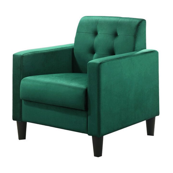 Oz 28 Inch Modern Accent Armchair with Foam Cushion, Tufted Green Velvet-Benzara