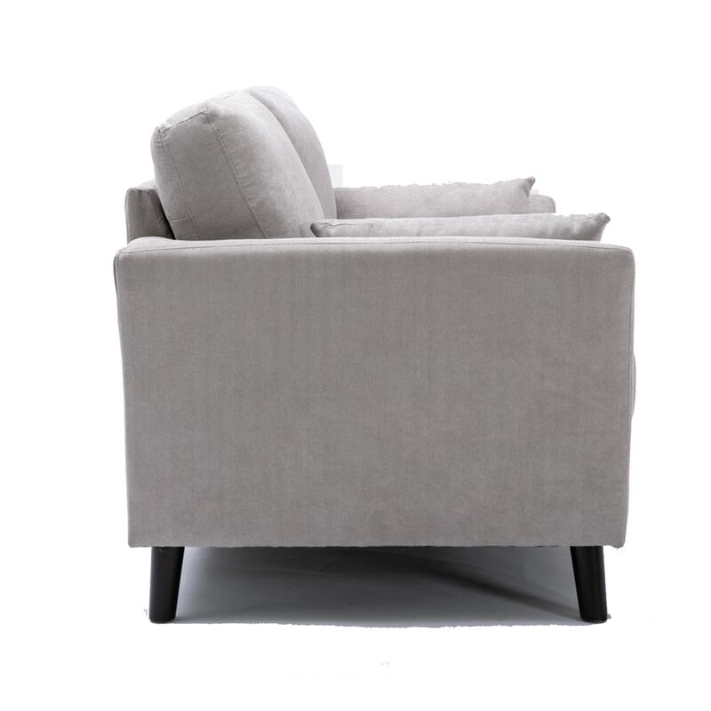 Otto 57 Inch Loveseat, Throw Pillows, Padded Cushions, Gray Velvet Fabric-Benzara