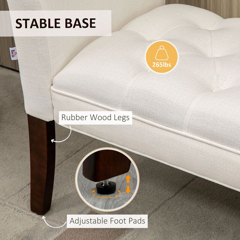 Cream White Bed Seating: Tufted Bench with Arms & Solid Wood Legs
