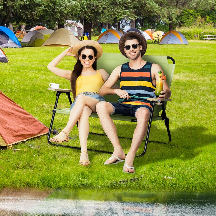 Green Portable Seating: Folding Double Camping Chair with Cup Holders