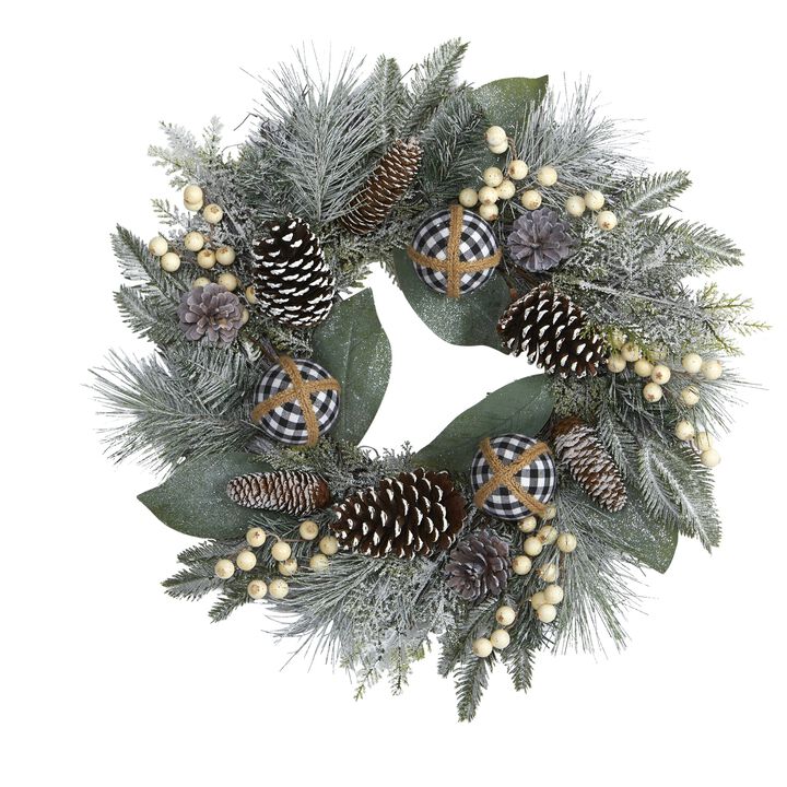 Hivvago 24" Snow Tipped Holiday Artificial Wreath with Berries, Pine Cones and Ornaments