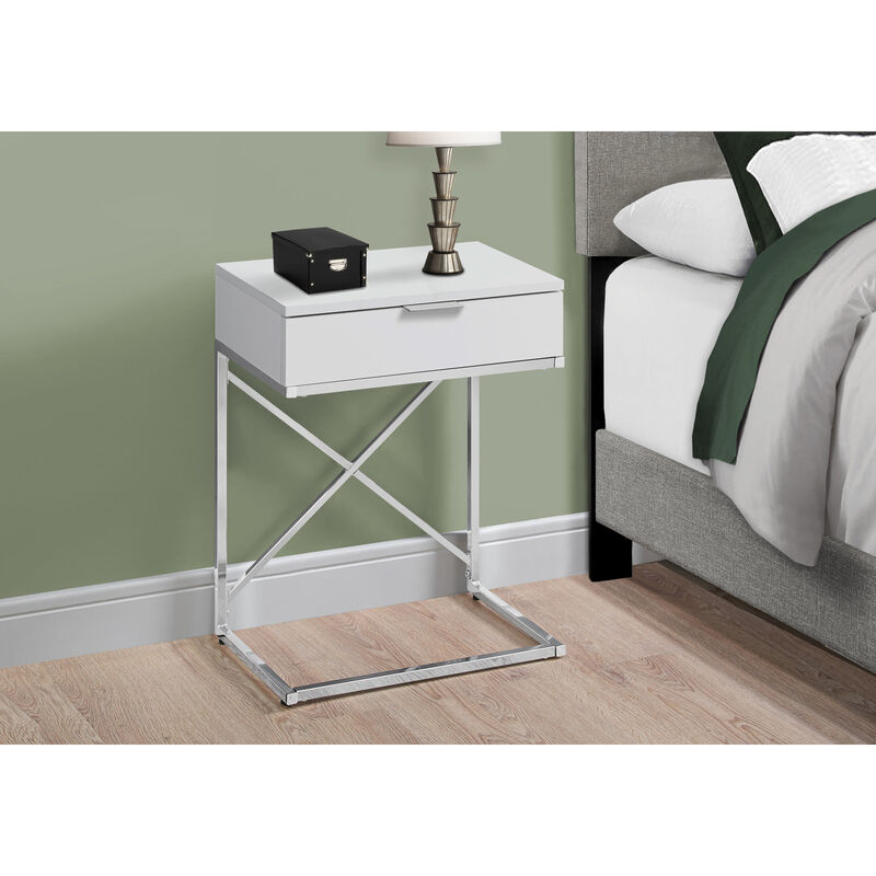 Monarch Specialties I 3470 Accent Table, Side, End, Nightstand, Lamp, Storage Drawer, Living Room, Bedroom, Metal, Laminate, Glossy White, Chrome, Contemporary, Modern