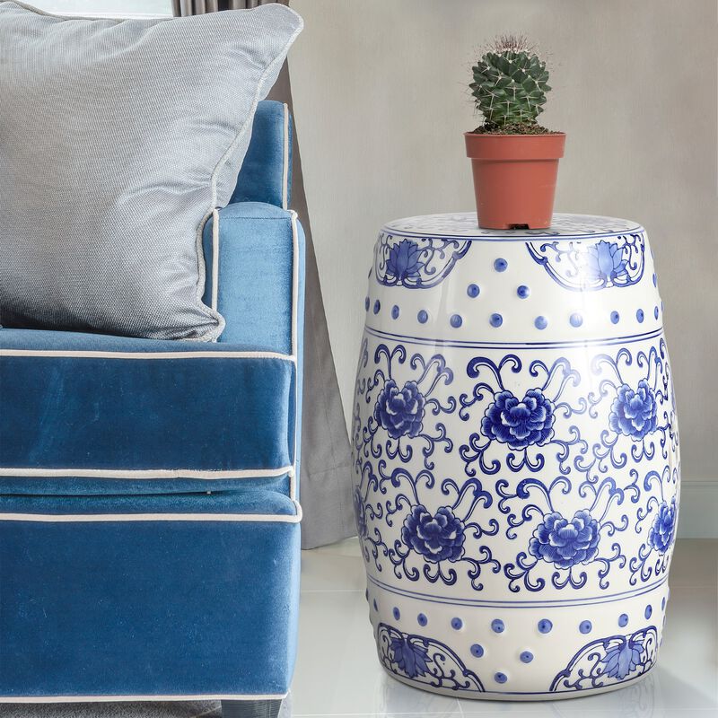 Lotus Flower Chinoiserie Ceramic Drum Garden Stool