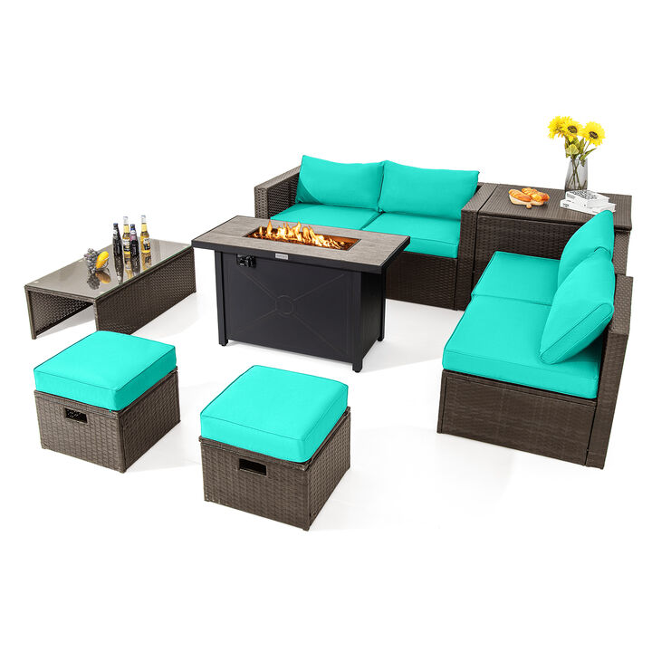 9-Piece Outdoor Patio Furniture Set with Cushions & Propane Fire Pit Table for Garden or Backyard