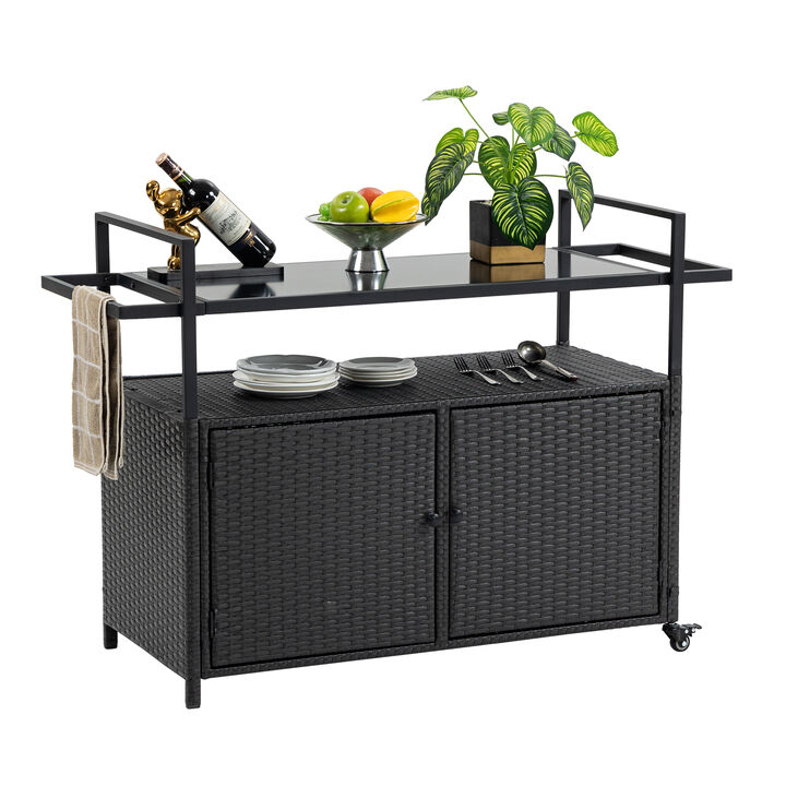 Wicker Bar Cart with Wheels, Glass Top