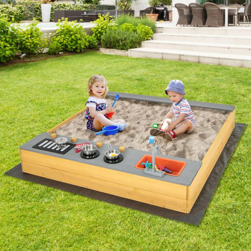 Hivvago Wooden Sandbox Kids Sand Pit with Kitchen Playset Accessories for 3-8 Years Old