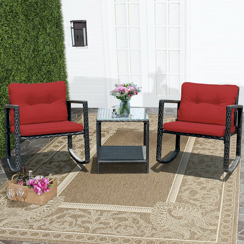 3 Pieces Cushioned Patio Rattan Set with Rocking Chair and Table-Red