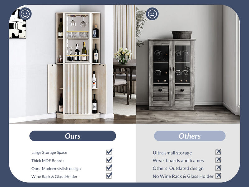 BELLEZE 68" Tall Farmhouse Corner Bar Storage Cabinet with Rotating Wine Rack, Modern Home Bar Liquor Storage Cabinet for Dining Room, Living Room & Kitchen, White Sand