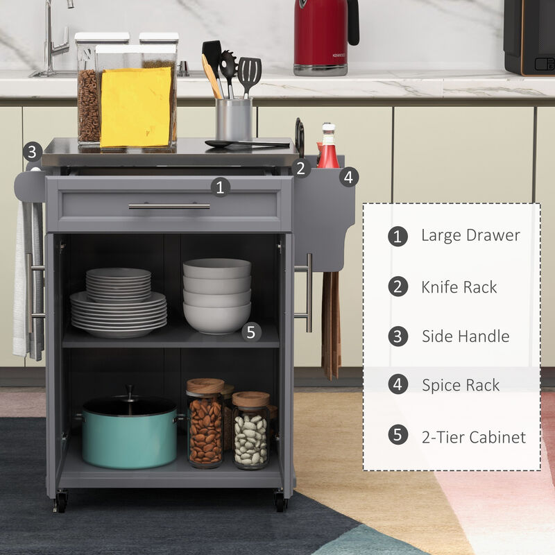 Wood Kitchen Island Cart Storage Box Cabinet  Drawer Trolley w/ Stainless Steel