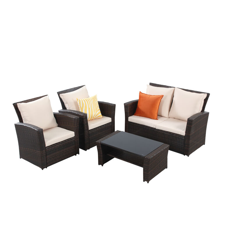 4-Pieces Outdoor Patio Furniture Set PE Rattan Wicker With Brown