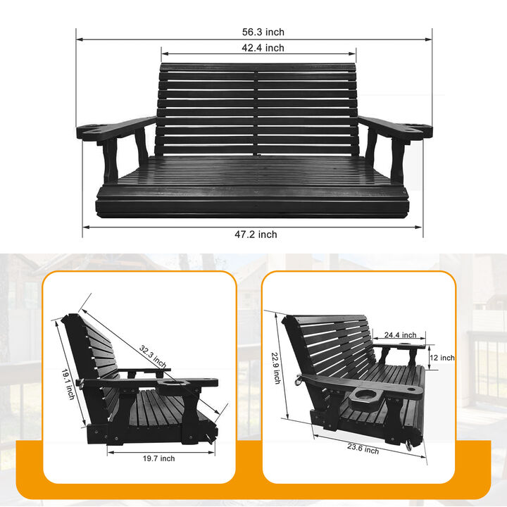2-Seater Solid Wood Porch Hanging  Swing , Bench Swing with Cup holders, Hanging Chains and 7mm Springs, Heavy Duty 800 LBS, for Outdoor Patio Garden Yard, 4 ft, Black