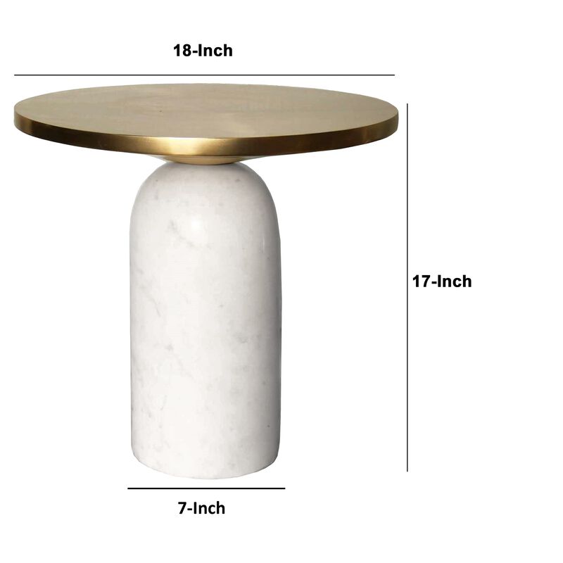 17 Inch Round Brass Modern Accent End Table with Cylindrical Marble Base, Brass, White-Benzara