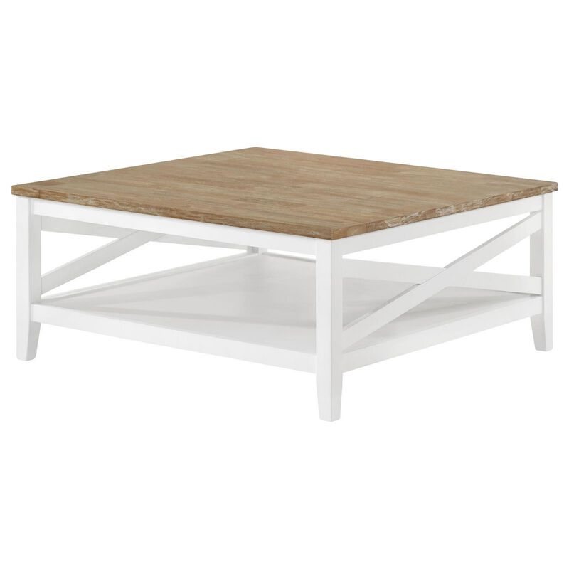 Maise 39 Inch Coffee Table, Rustic Wire Brushed Wood Top, Brown and White - Benzara