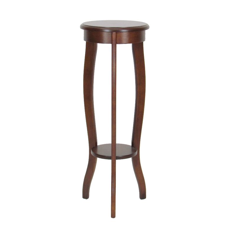 31.5 Inch Round Pedestal Stand with Open Bottom Shelf and Flared Legs,Brown-Benzara