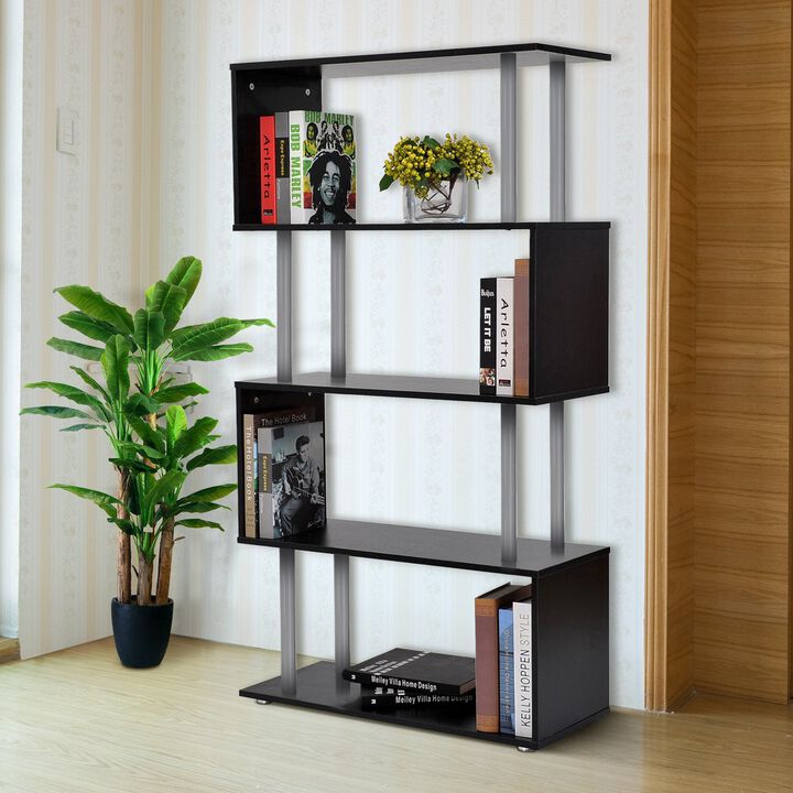 Modern Display Unit: Black 5-Tier S-Shaped Wooden Bookcase for Home/Office