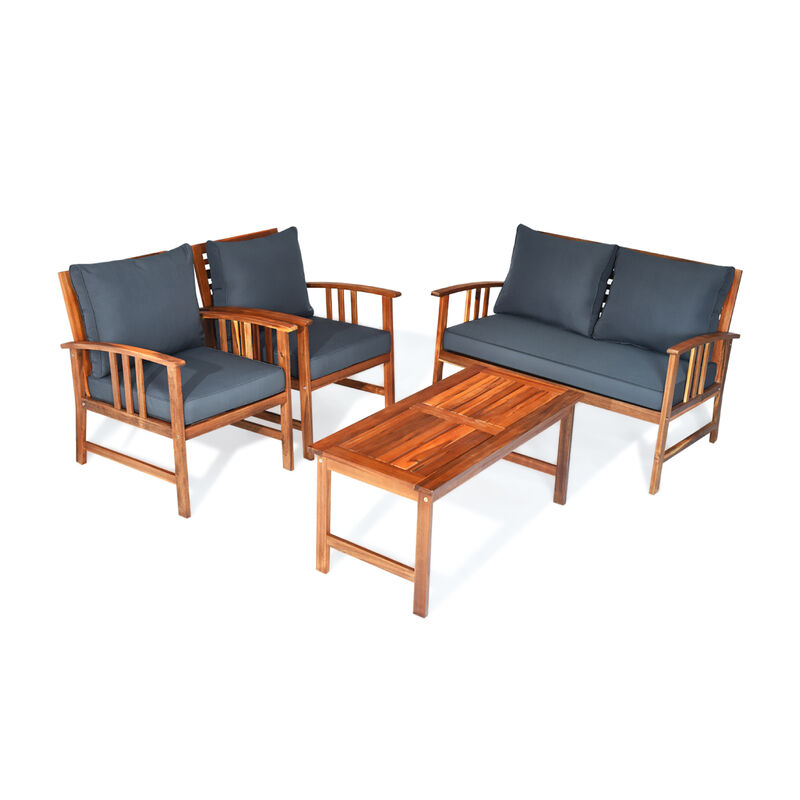 4 Pieces Wooden Patio Furniture Set Table Sofa Chair Cushioned Garden