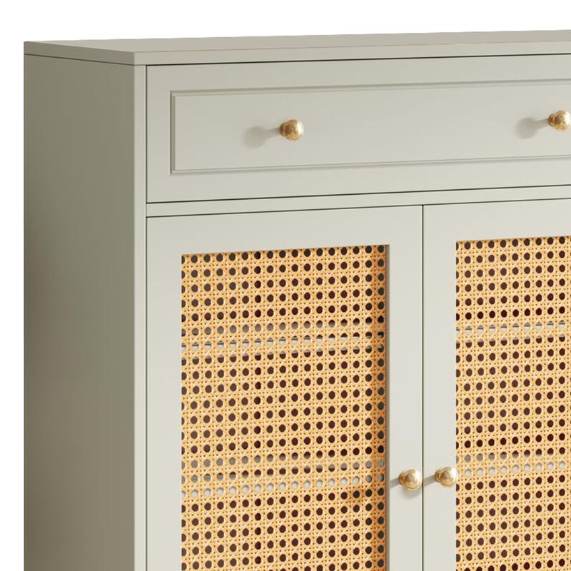 Sideboard Cabinet Console, Drawer, 2 Rattan Woven Doors, 44 Inch White - Benzara