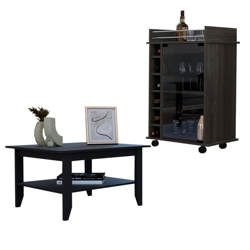 Cabrillo 4-Shelf 2-Piece Living Room Set, Coffee Table And Bar Cabinet Black And Espresso