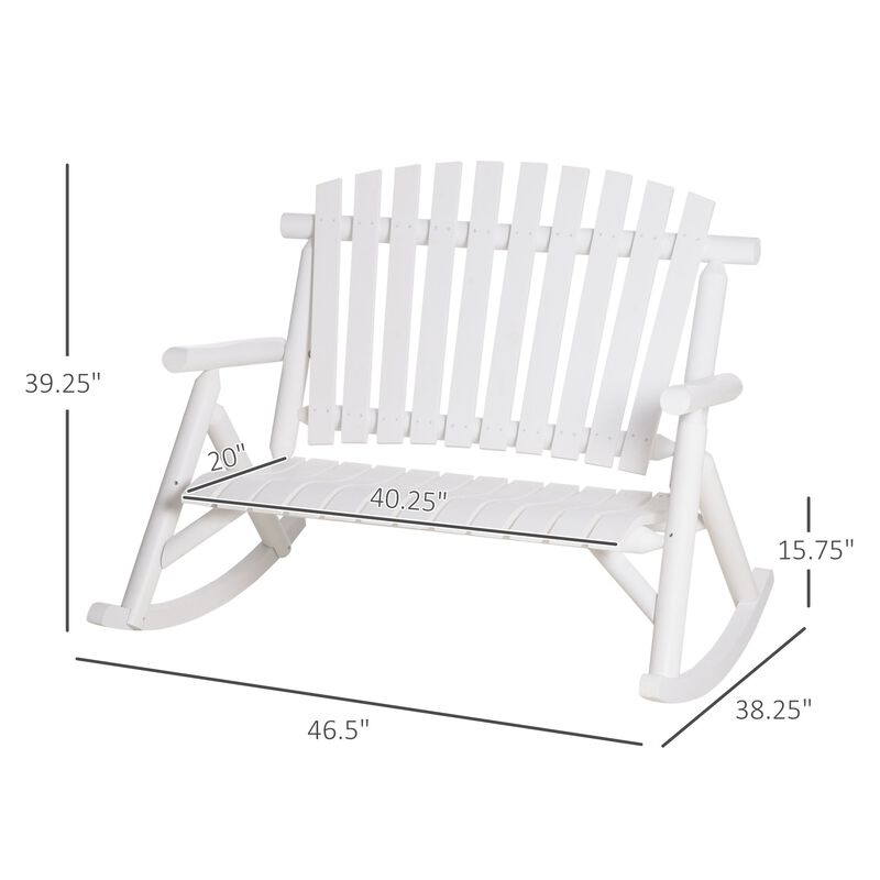 White Garden Duo: 2-Person Wooden Rocking Bench with Slatted Design