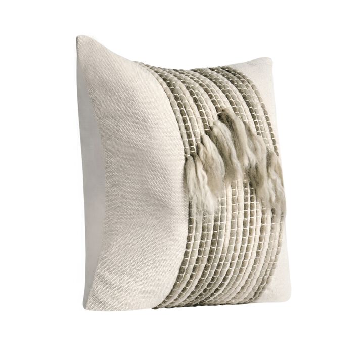 Broz Accent Throw Pillow, 20 Inch Wool Applique, Ivory Cotton Linen - Benzara