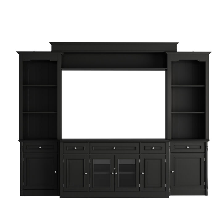 FUFU&GAGA Modern Black TV Stand with 7 Storage Compartments, P2 MDF, Black Finish (104.3" W x 82.3" H x 17.4" D), Black