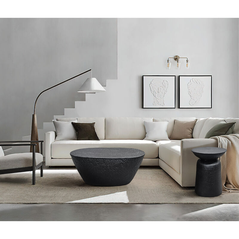 Josi 36 Inch Coffee Table, Handcrafted Hammered Design, Matte Black Sculptural Aluminum Frame - Benzara