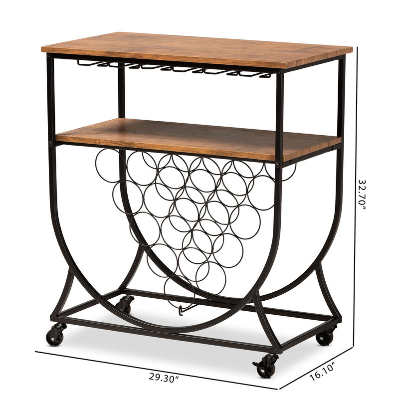 Baxton Studio Dania Industrial Black Metal and Walnut Finished Wood Mobile Wine Bar Cart