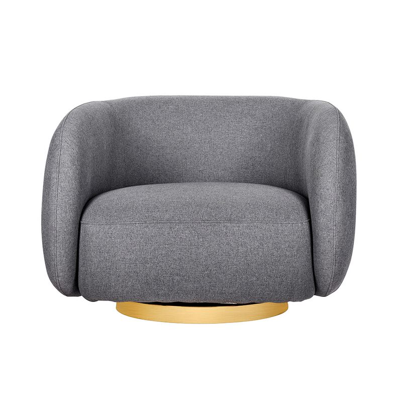 Eros 35 Inch Swivel Accent Chair, Plush Gray Fabric Upholstery, Gold Base - Benzara