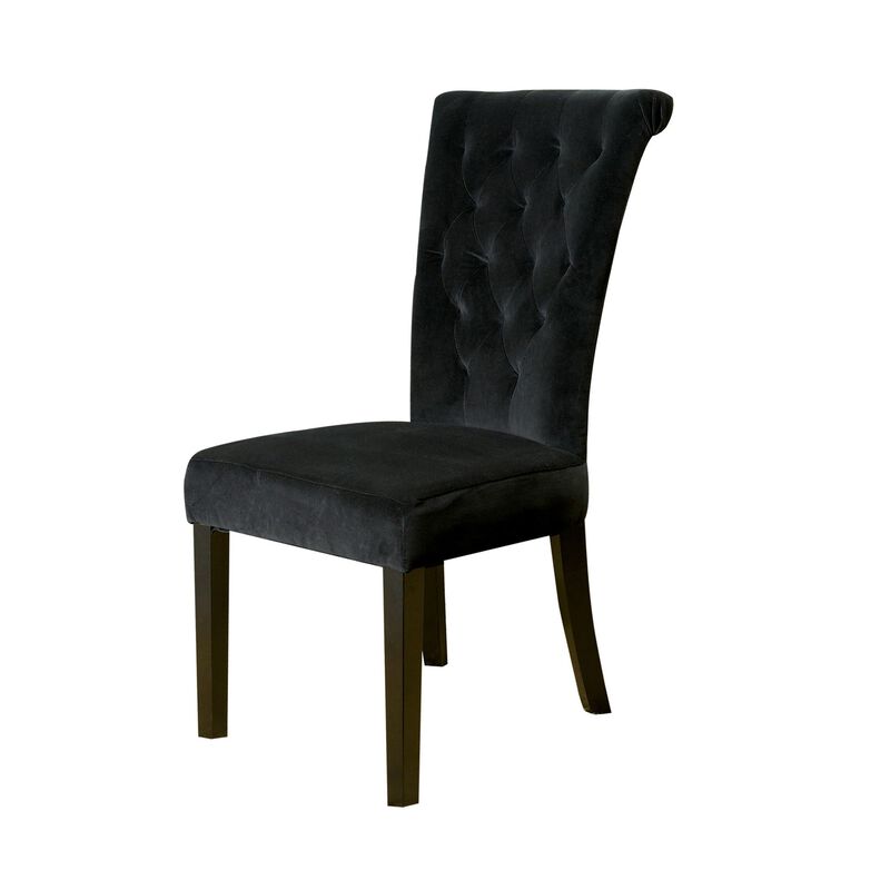 Chary Dining Chair Set of 2, Brown Wood, Classic Black Tufted Velvet - Benzara