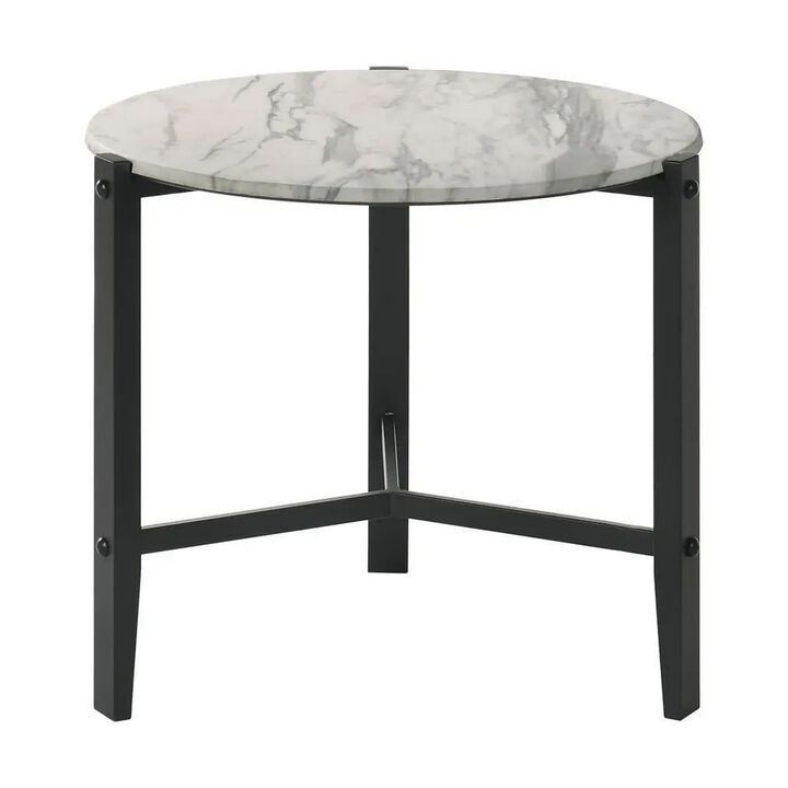 Zuko 24 Inch Round End Table, White Faux Marble Design, Black Legs - Benzara