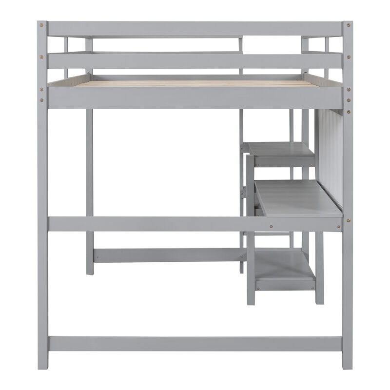 Full Size Wooden Loft Bed With Shelves, Desk And Writing Board
