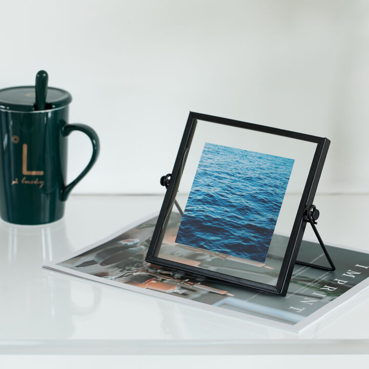 Modern Metal Floating Tabletop Square Photo Picture Frame with Glass Cover and Easel Stand, Black 4" x 4"