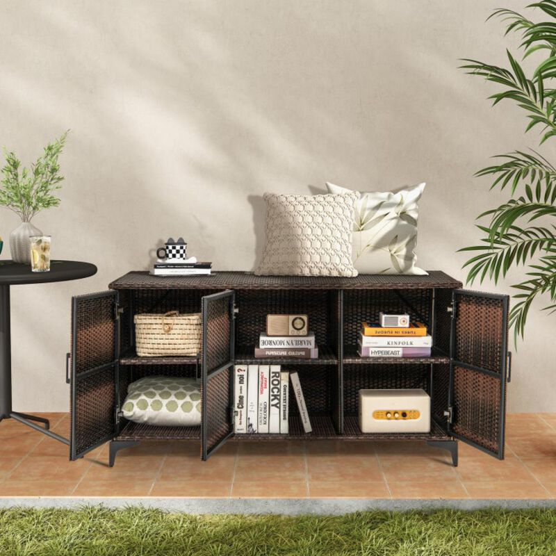 Hivvago 84 Gallon Patio Wicker Deck Box 3-Door PE Rattan Storage Container with Removable Shelves