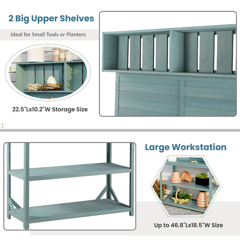 65" Large Wooden Farmhouse Rustic Outdoor Potting Bench Table, Patio Workstation, Garden Potting Bench with 4 Storage Shelves and Side Hook