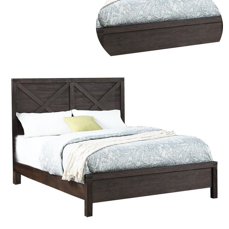 Yale Platform Queen Size Bed, Crossed Accent Panel, Dark Walnut Brown - Benzara