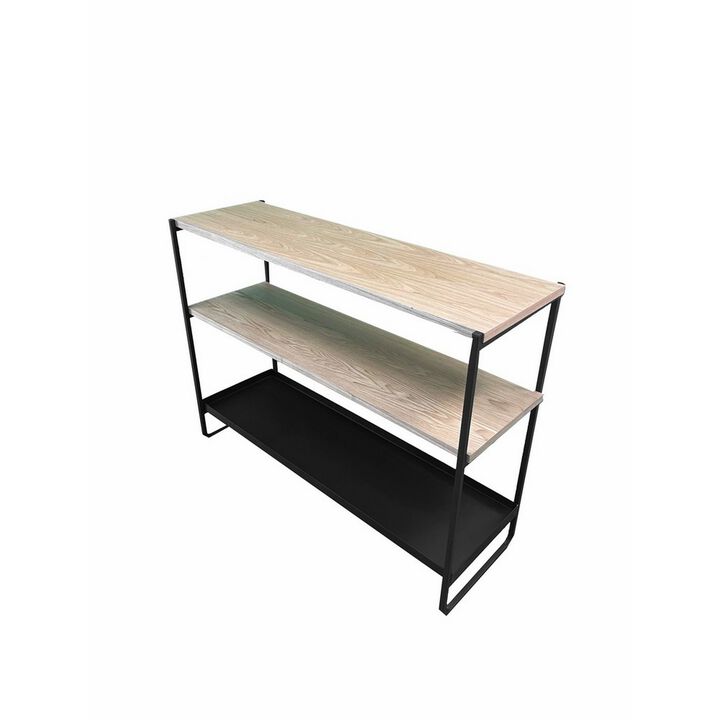 Evon 40 Inch Shelving Unit, Natural Brown Wood Top, 3 Shelves, Black Metal - Benzara