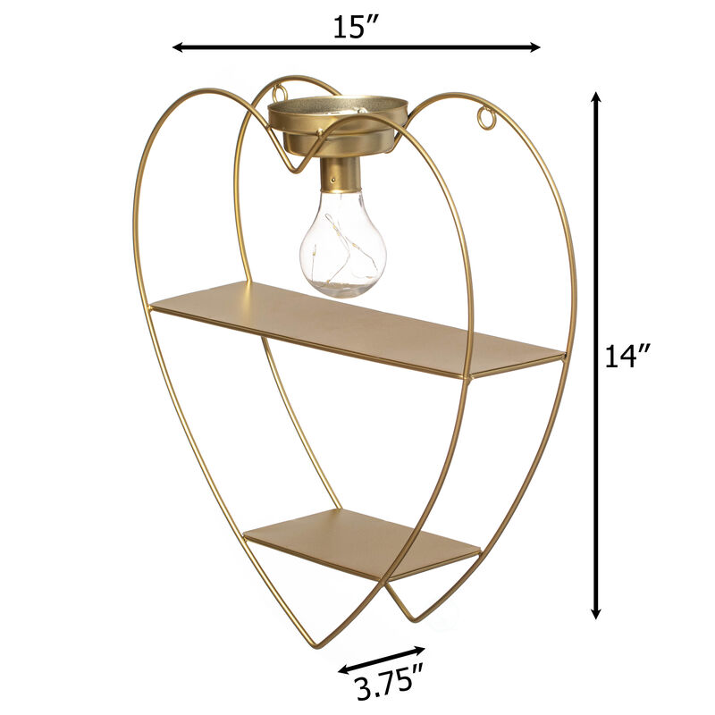 Vintiquewise Heart-Shaped 2-Tier Floating Metal Wall Shelf with Overhead Light Bulb – Decorative Wall-Mounted Shelf for Bedroom, Living Room, Hallway, Bathroom, or Entryway Decor, Gold Finish
