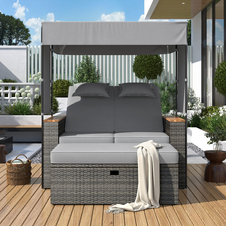 Merax Rattan Outdoor Patio Bench Lounge Roof Set Daybed Sunbed