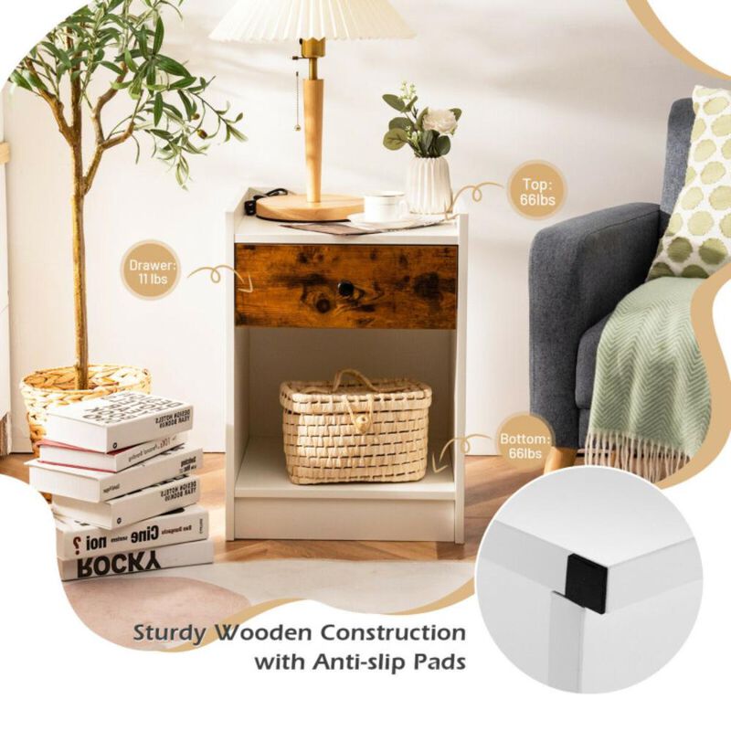 Hivvago Set of 2 Nightstand with Drawer Cabinet End Side Table Raised Top