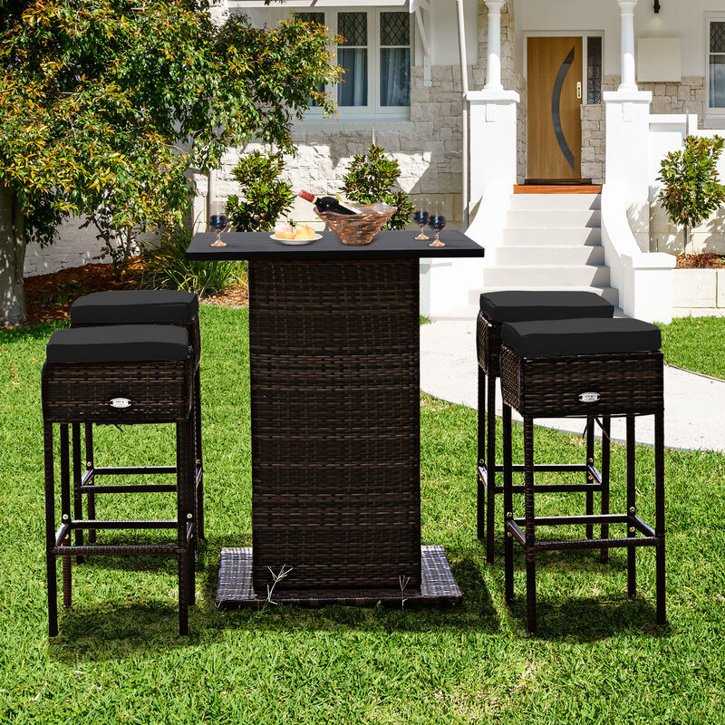 5 Pieces Patio Rattan Bar Table Stool Set Hidden Storage Shelf Cushioned