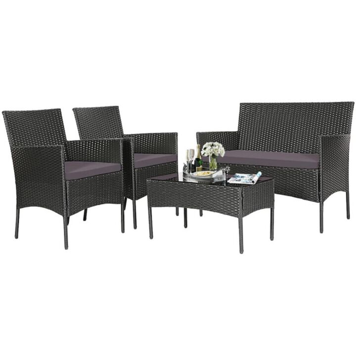 Hivvago 4 Pieces Patio Rattan Cushioned Sofa Set with Tempered Glass Coffee Table