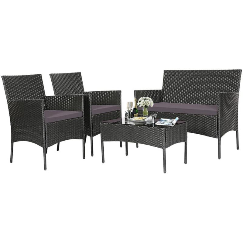Hivvago 4 Pieces Patio Rattan Cushioned Sofa Set with Tempered Glass Coffee Table