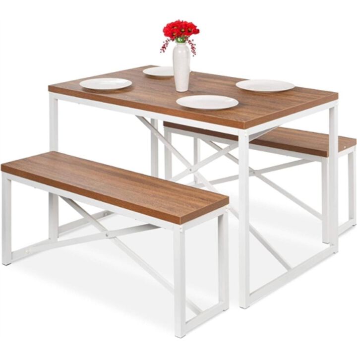 Modern 3 Piece Dining Set Wood Top White Metal Frame Table and 2 Bench Chairs