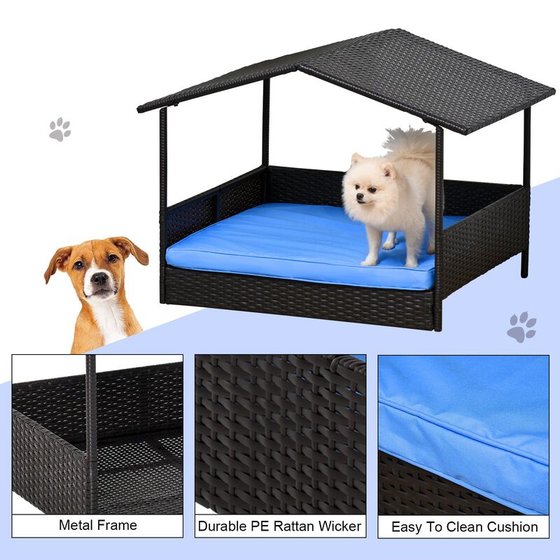 Blue Pet Lounger: Elevated Wicker Dog House with Removable Cushion